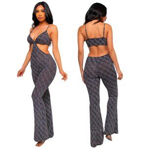 NWT Women's Greek Inspired Key Pattern Glittering Spaghetti Strap Jumpsuit
